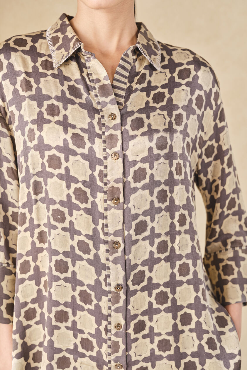 Halidrys Handcrafted Ajrakh Silk Top - Grey, Grey, image 6